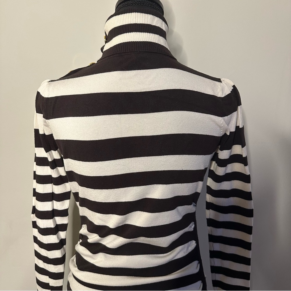 Cache Chocolate Brown & Ivory Striped Turtleneck Sweater Gold Buttons Size M - Picture 10 of 15